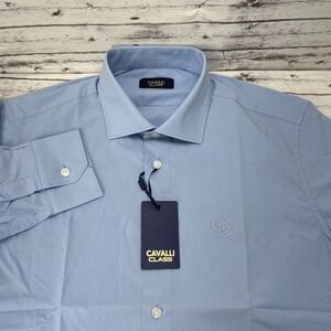 Cavalli Class Comfort Fit Dress Shirt Button-Up Men's Size 16.5 Blue Stretch NWT